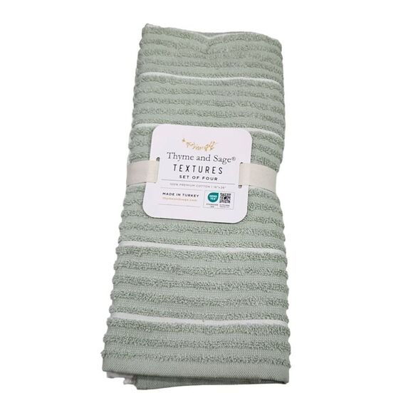 Thyme and Sage Kitchen Towel Set of 4pcs Green and White Striped Turkish Cotton - Picture 6 of 10